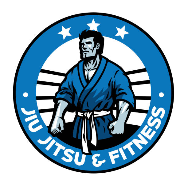 ilustrações de stock, clip art, desenhos animados e ícones de jiujitsu badge design - flexing muscles men muscular build t shirt