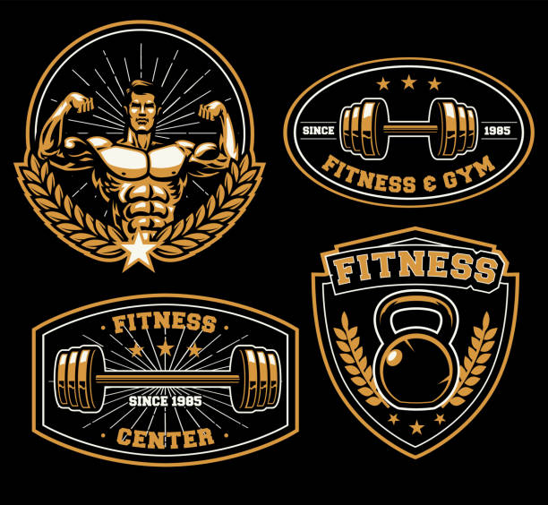 ilustrações de stock, clip art, desenhos animados e ícones de fitness training center badge - flexing muscles men muscular build t shirt