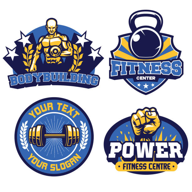 illustrazioni stock, clip art, cartoni animati e icone di tendenza di fitness e palestra centro badge design collezione - botta grande