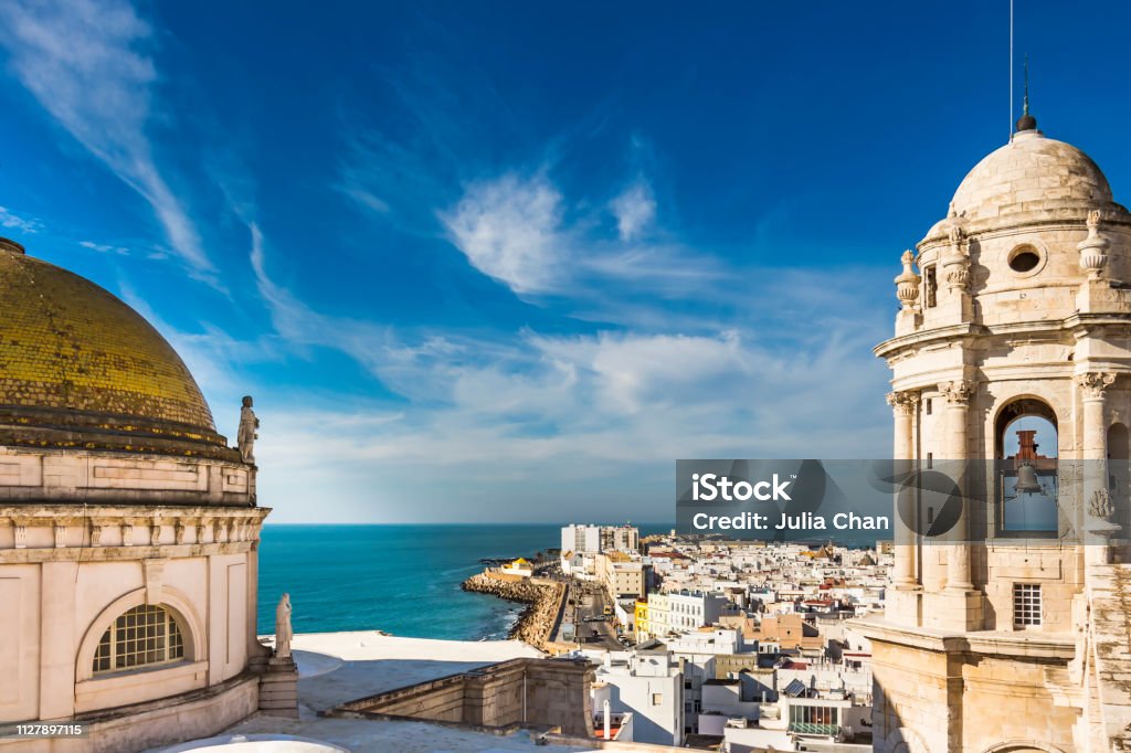 Aerial view of the Bay of Cadiz from Levante Tower, Cadiz Cathedral Cádiz Stock Photo