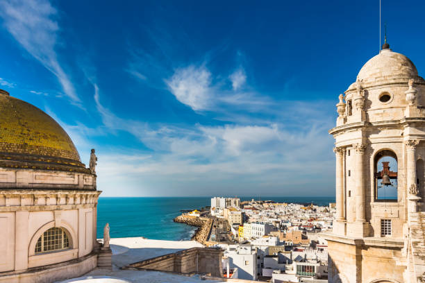 Aerial view of the Bay of Cadiz from Levante Tower, Cadiz Cathedral Aerial view of the Bay of Cadiz from Levante Tower, Cadiz Cathedral faro district portugal photos stock pictures, royalty-free photos & images