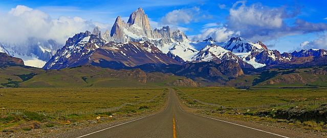 Highway Road to Fitz Roy – snowcapped mountain range – El Chalten, Patagonia Argentina