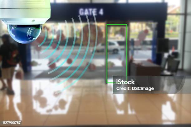 Cctv Infrared Camera New Technology 40 Signal For Counting Number Of People In Air Port Area People In Lots Simple As In Red Line Are Signal Of Counting By Cctv System Stock Photo - Download Image Now