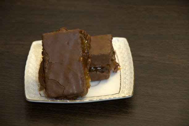 istock Chocolate sponge cake on white porcelain plate. 1127901628