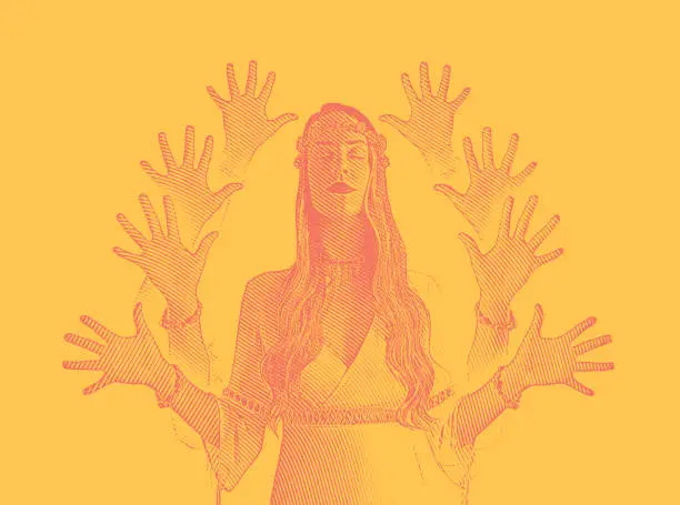 Vector illustration of Multiple exposure vector of a young boho woman meditating
