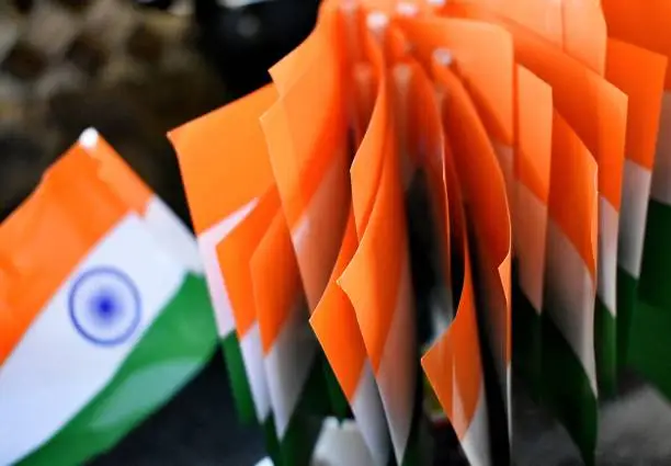 Snap of National Flag of India, tri-colored saffron white and green