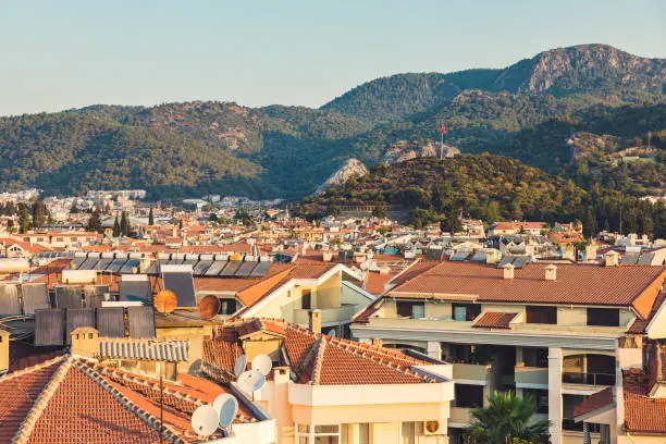 Photo of Panoramic view of old street around Castle in Marmaris Town. Marmaris is popular tourist destination in Turkey. Residential area of Marmaris, not far from the castle