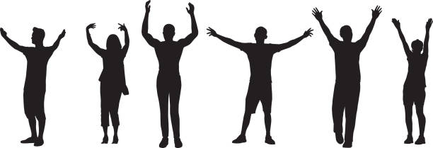People With Arms Raised Silhouettes Vector silhouettes of six men and women with their arms raised into the air. praise and worship stock illustrations