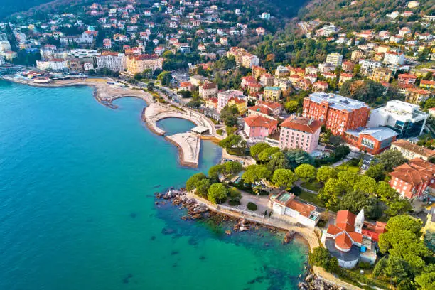 Scenic coastline of Opatija and Slatina beach aerial view, Kvarner bay of Croatia
