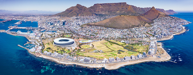 Iconic Aerial Panorama of Cape Town in Summer. Stitched XXXXL Panorama. Drone Point of View. Cape Town, Western Cape, South Africa, Africa