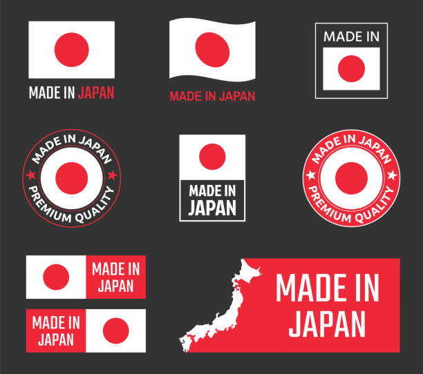 illustrazioni stock, clip art, cartoni animati e icone di tendenza di set etichette made in japan, emblema prodotto giapponese - made in japan