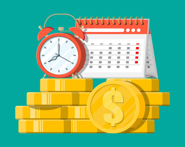 Clock, calendar and golden coins. Clock, calendar and golden coins. Annual revenue, financial investment, savings, bank deposit, future income, money benefit. Time is money concept. Vector illustration in flat style watch cartoon gold illustration and painting stock illustrations