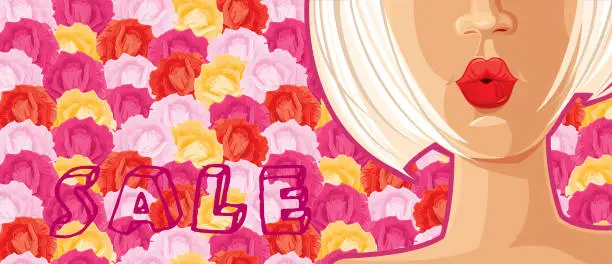 Vector illustration of Spring Sale. Beautiful Girl on Roses Background.