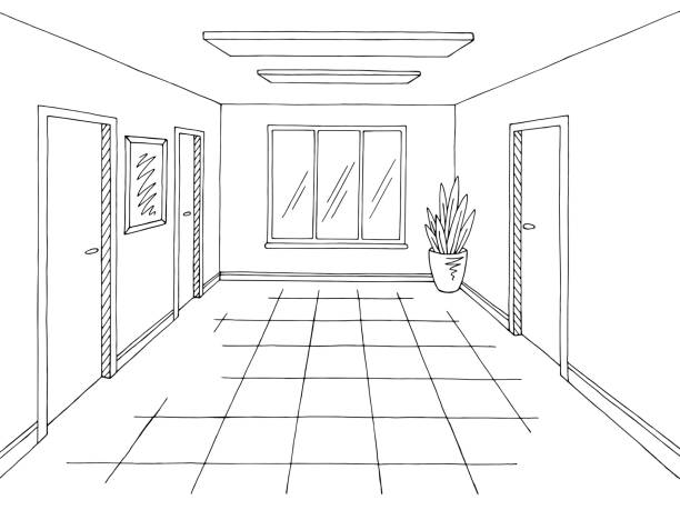 Corridor graphic black white interior sketch illustration vector Corridor graphic black white interior sketch illustration vector hospital drawings stock illustrations