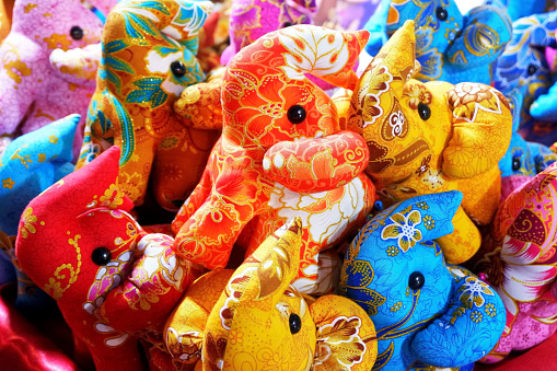 Multicolored Traditional Fabric Stuffed Elephants Selling at the Street Market