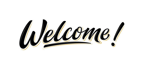 Welcome lettering sign. Isolated vector Handwritten modern brush lettering Welcome! on white background with stars. Text for postcard, invitation, T-shirt print design, banner, poster, web, icon. Isolated vector welcome stock illustrations