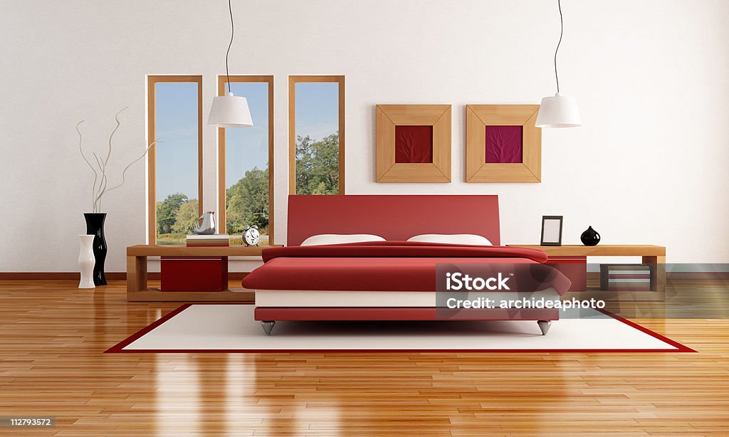 Rojo y blanco moderno dormitorio - Foto de stock de Borde libre de derechos