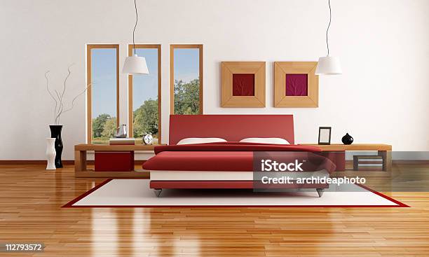 Rojo Y Blanco Moderno Dormitorio Foto de stock y más banco de imágenes de Borde - Borde, Somier, A la moda