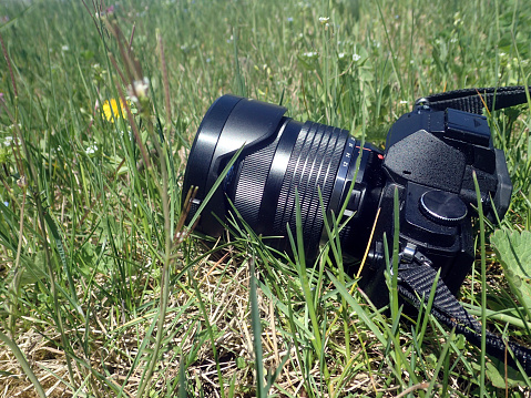 Digital camera resting on grass