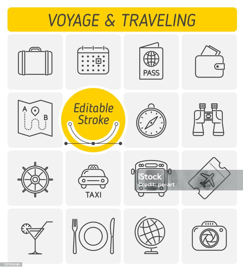 The traveling and voyage outline vector icon set. The traveling and voyage outline vector icon set. A holidays, vacation and tourism symbols. The camera, airplane ticket, food, money, car, bus, thin linear vector icons with editable strokes width. Icon Symbol stock vector