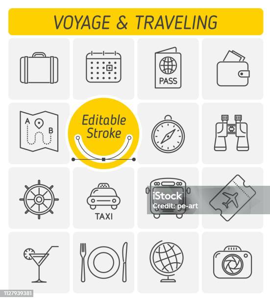 The Traveling And Voyage Outline Vector Icon Set Stock Illustration - Download Image Now - Icon Symbol, Suitcase, Ticket