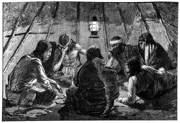 Indians from Apache territory playing the game of chance Monte Illustration of a Indians from Apache territory playing the game of chance Monte. apache culture stock illustrations