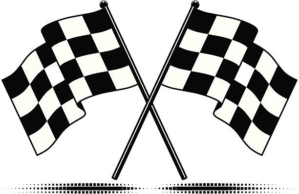 A set of two checkered black and white flags Two crossed checkered flags with optional square halftone ground shadow.  Black and white, gradient free design.  Zip folder contains additional artwork of similar single checkered flags as EPS and JPG. drag racing stock illustrations