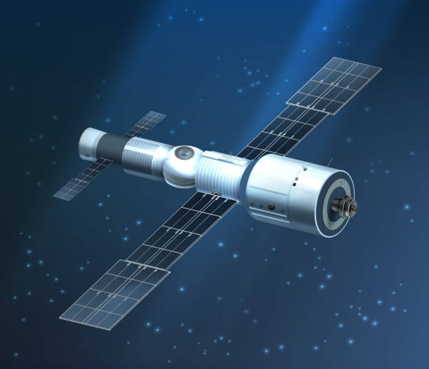 istock Vector illustration of international space station orbiting on starry background 1127940760