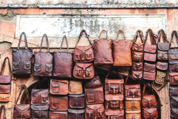 Photo of Leather market in front of Hawa Mahal in Jaipur, India.