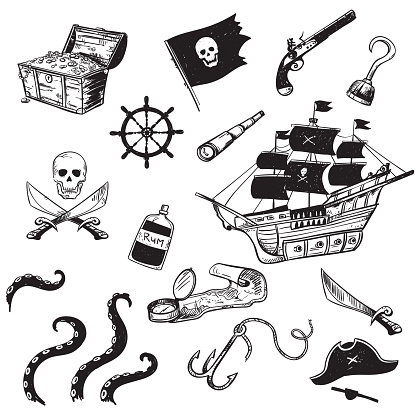 set of pirate hand drawn elements, vector illustration