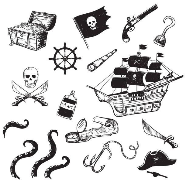 set of pirate hand drawn elements, vector illustration set of pirate hand drawn elements, vector illustration hook equipment illustrations stock illustrations