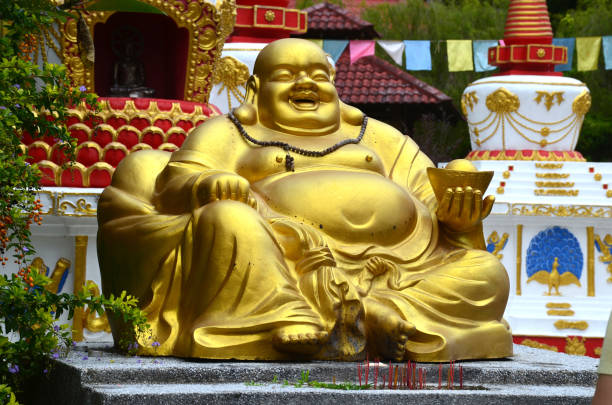 Large golden statue of seated laughing Buddha in Wat Koh Wanararm, Langkawi Island, Malaysia Large golden statue of seated laughing Buddha in Wat Koh Wanararm, Langkawi Island, Malaysia. Lucky temple with a carved buddha in a stone rock. Asian culture and architecture laughing buddha garden statue stock pictures, royalty-free photos & images