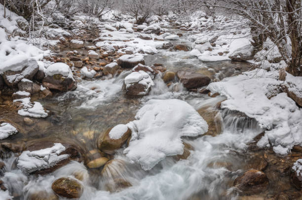 istock mountain river flows in the winter in the snow in Teberda 1127943783