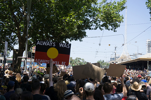 Melbourne, Australia - January 26th, 2019: The Aboriginal Parade on Australia Day 2019 they scream out something truth