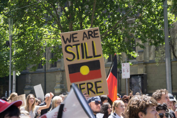Melbourne, Australia - January 26th, 2019: The Aboriginal Parade on Australia Day 2019 they scream out something truth