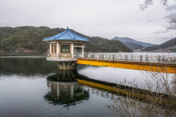 Geumpyeong Reservoir dam outpost and surrounding nature. Geumpyeong reservoir is located in Gimje, Jeollabukdo province, South Korea