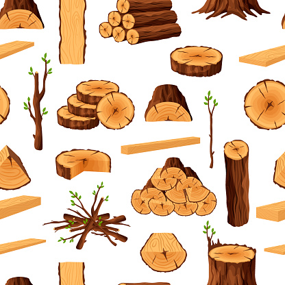 Seamless pattern of firewood materials, repeating background with wooden elements. Wood logs stubs tree trunk branches boards stump and planks wooden backdrop - flat vector illustration.