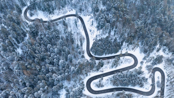 istock windy road aerial with snow covered trees 1127954375
