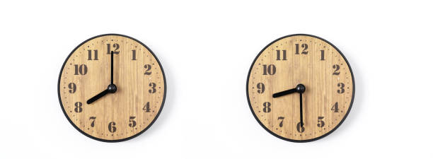 istock wood office wall clock with white dial on white background. wall clock on white background, top view. 1127958173