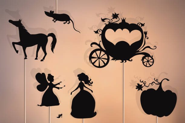 сказка о золушке, теневые куклы. - хрустальные туфельки stock illustrations