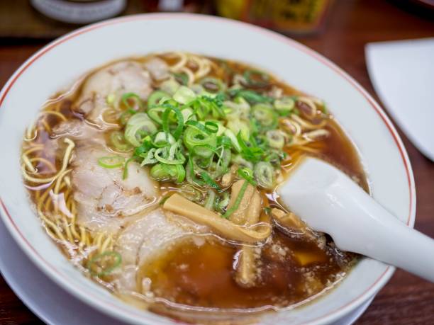 Close-up on a japanese ramen soup