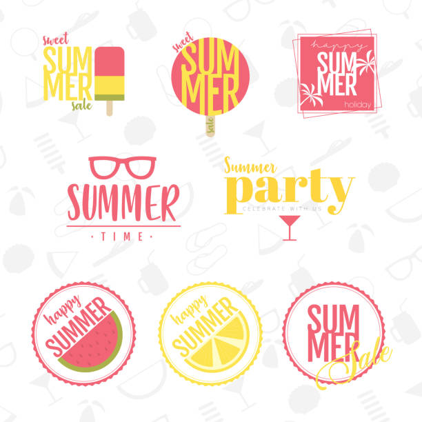 Summer Design Vector cartoon style Hello Summer design icon badges for sale and advertisement snow cone stock illustrations