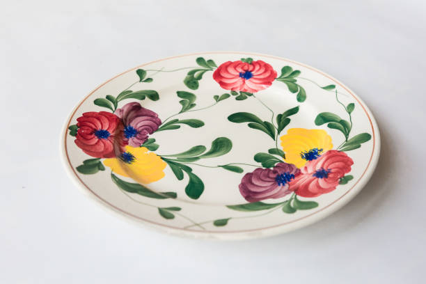 istock a white round plate with floral and line pattern on white background 1127963606