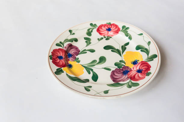 istock a white round plate with floral and line pattern on white background 1127963636