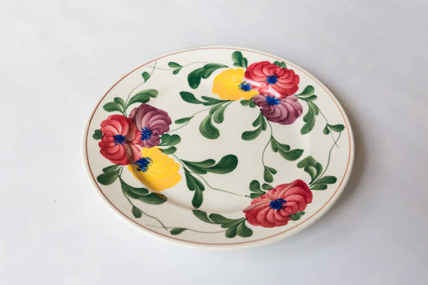 istock a white round plate with floral and line pattern on white background 1127963752