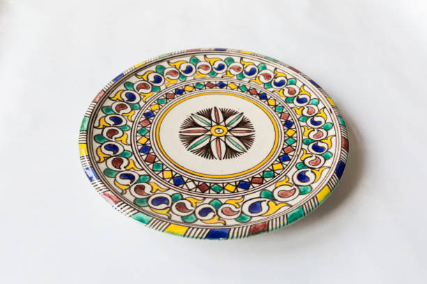 istock a white round plate with floral and line pattern on white background 1127963950