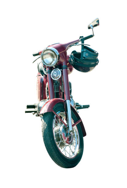 old model's motorcycle, red with chrome elements, retro helmet on the steering wheel, isolated on white background