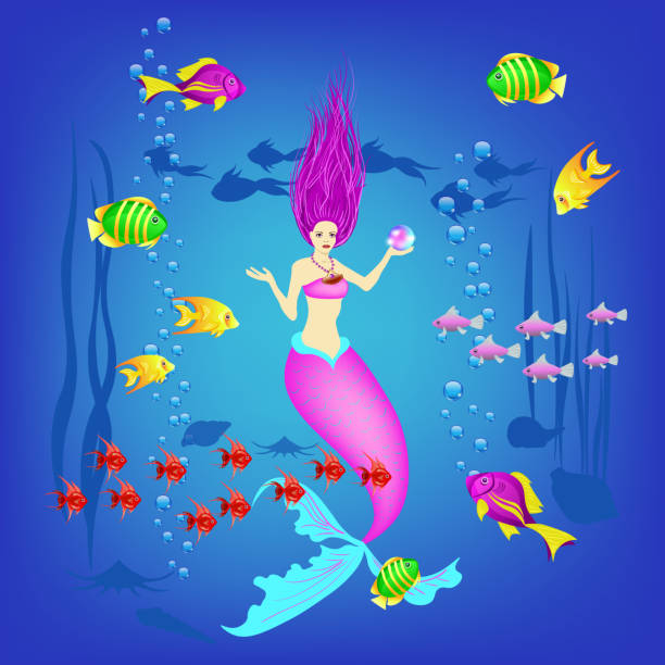 istock Underwater world, little mermaid, fishes, plants and a pearl, vector illustration 1127965495