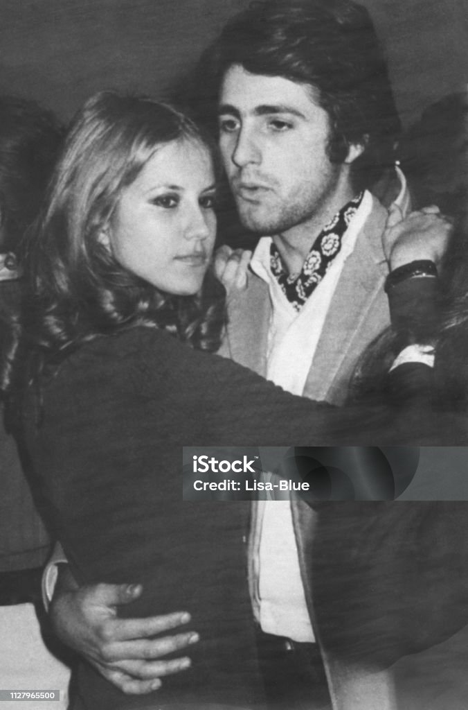 Young Couple in 1970. Black And White. Happy young couple in 1970 1970-1979 Stock Photo