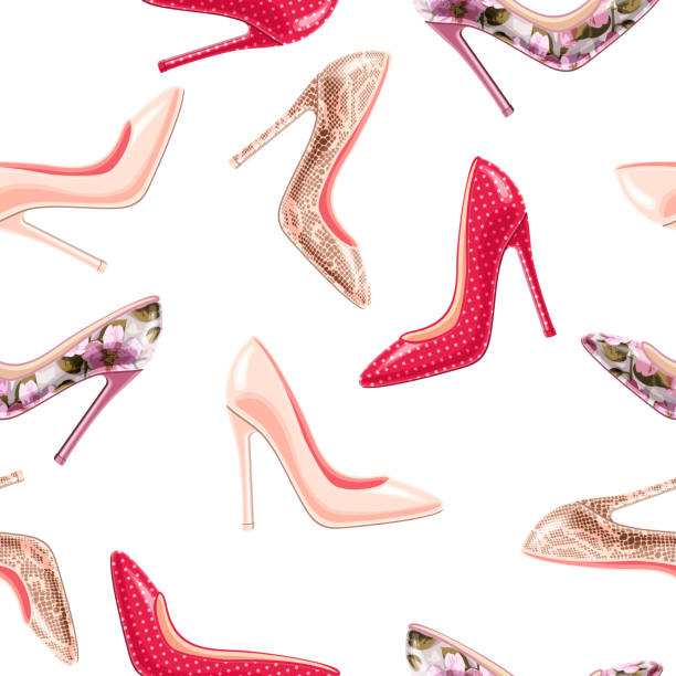 ilustrações de stock, clip art, desenhos animados e ícones de fashion seamless pattern with colorful stylish glamour heel shoes - stiletto pump shoe shoe high heels